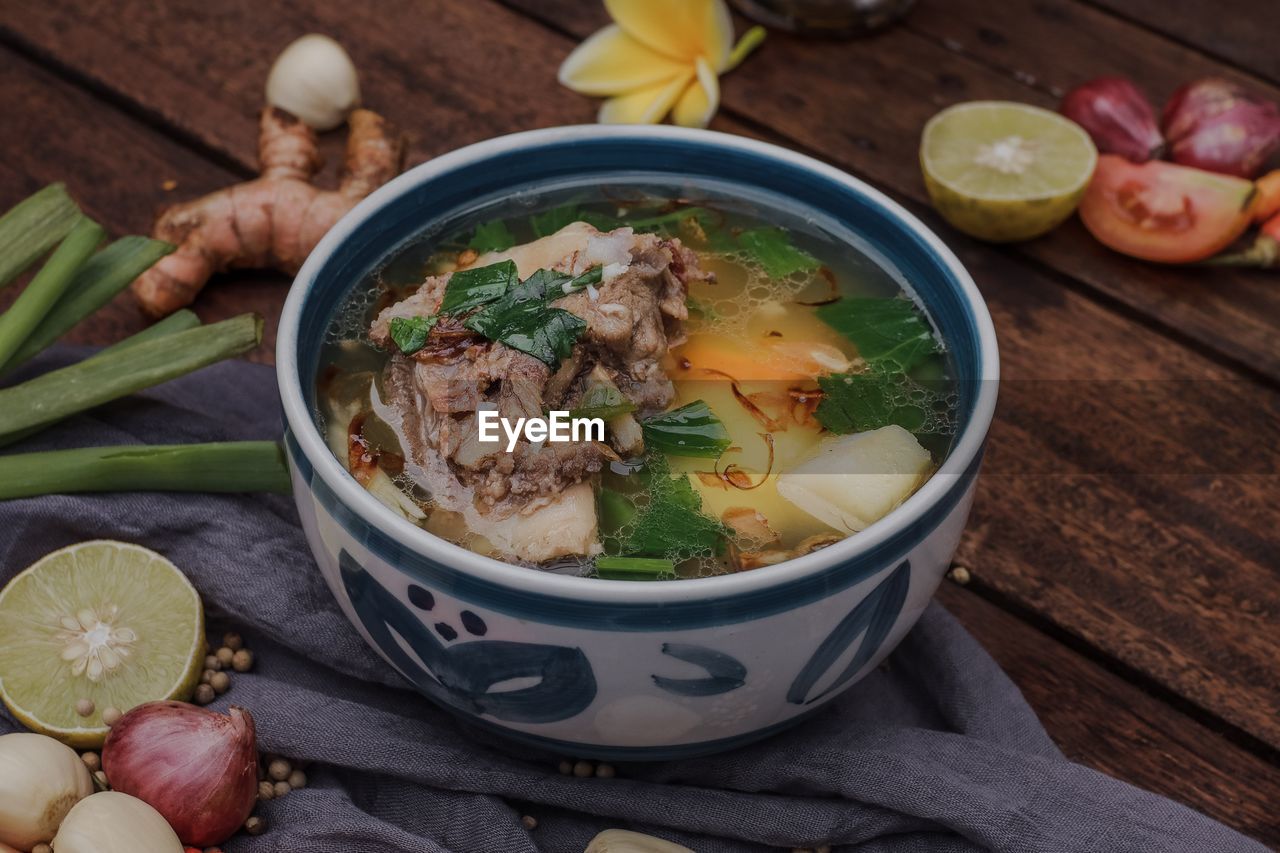 Close-up of soup in bowl on table