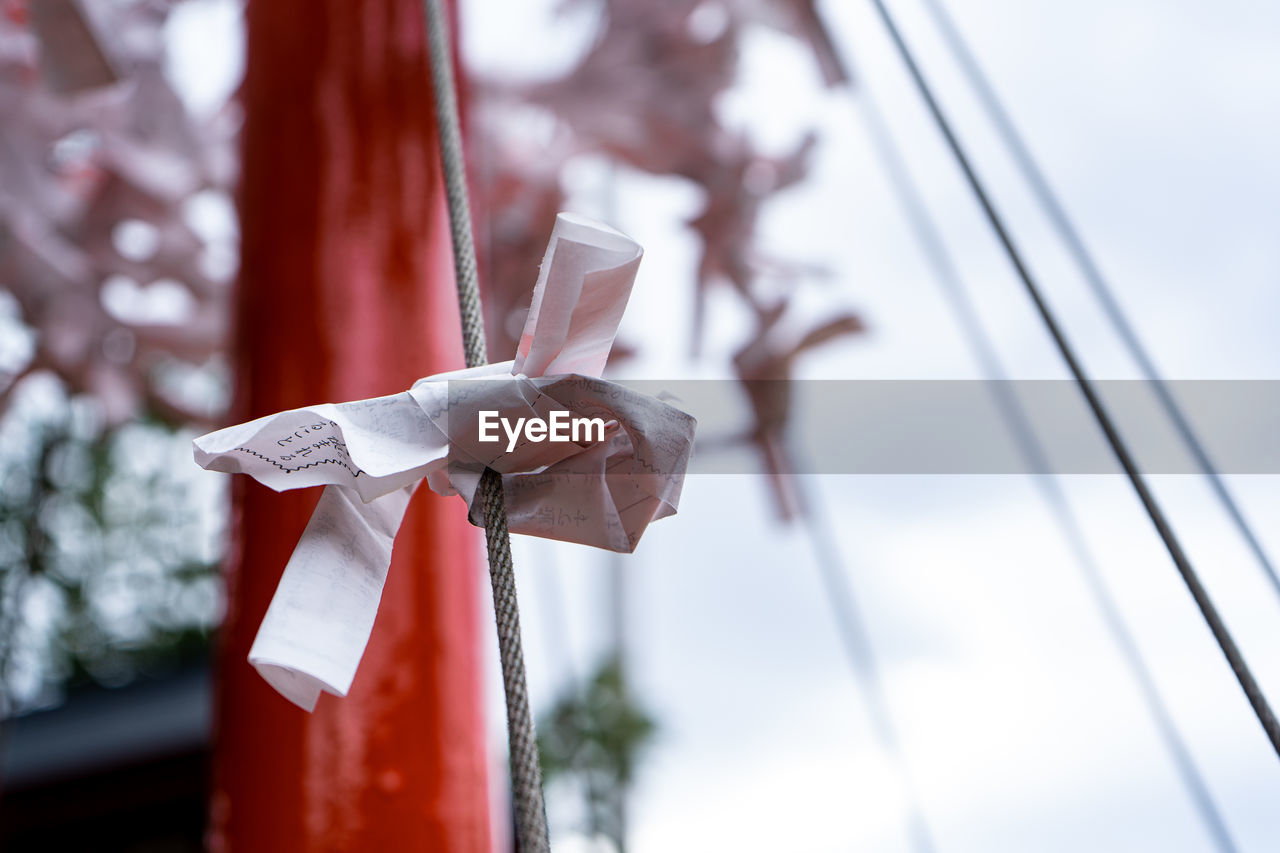 Close-up of fortune paper tied up against cloudy sky