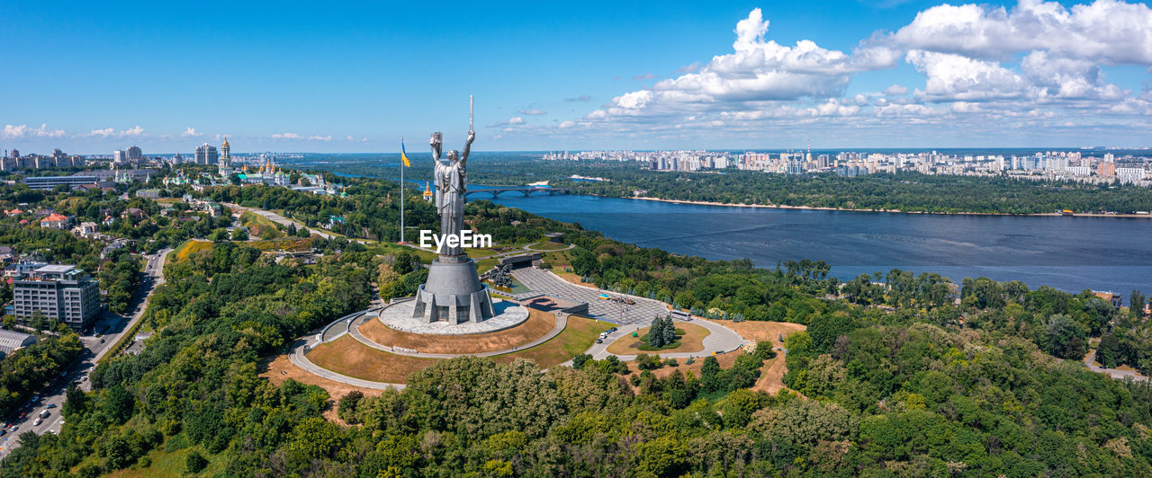 Aerial view of the mother motherland monument in kiev.