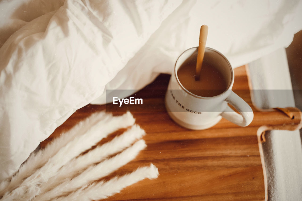 High angle view of breakfast on table