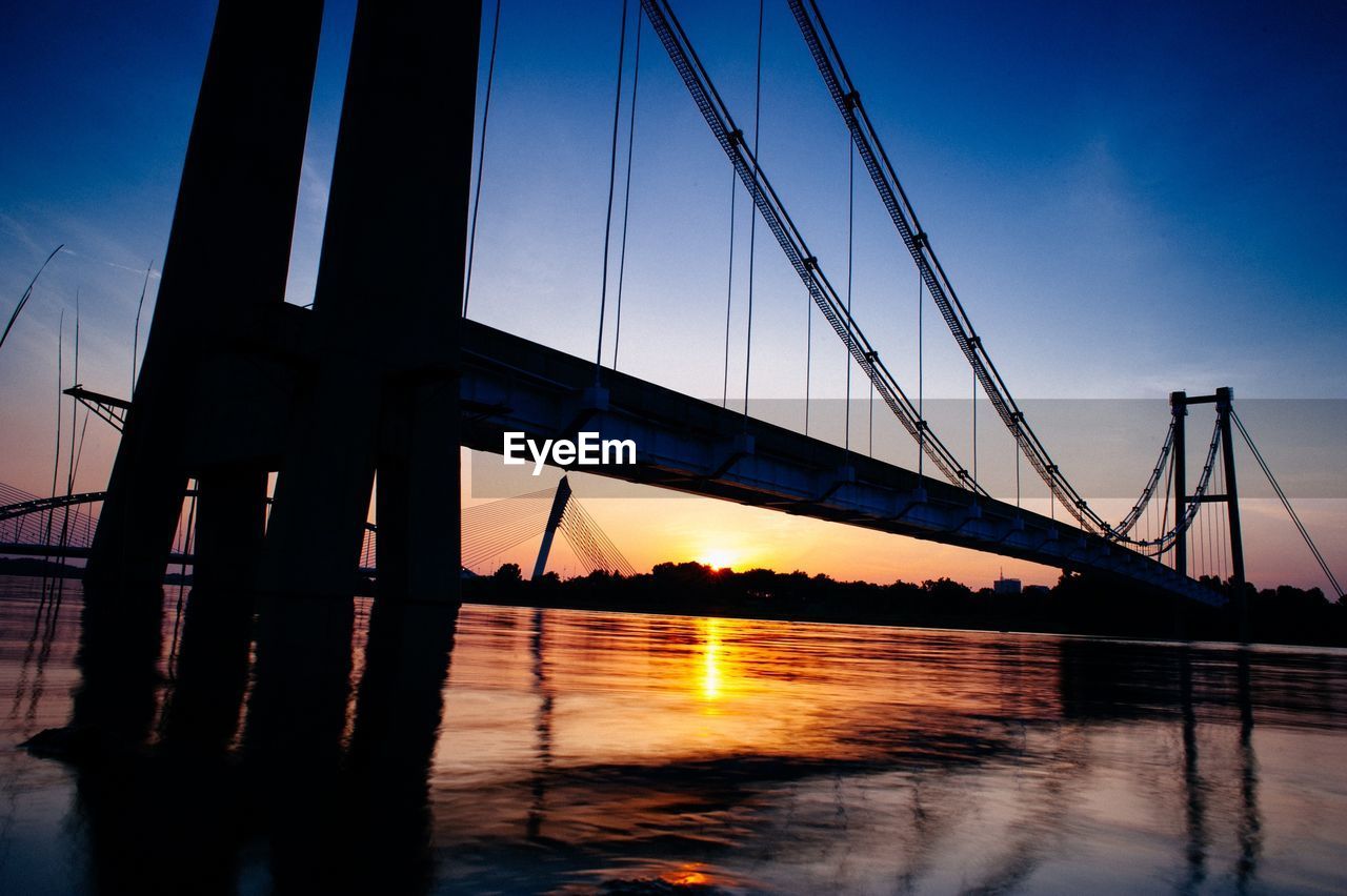 Silhouette bridge over river during sunset