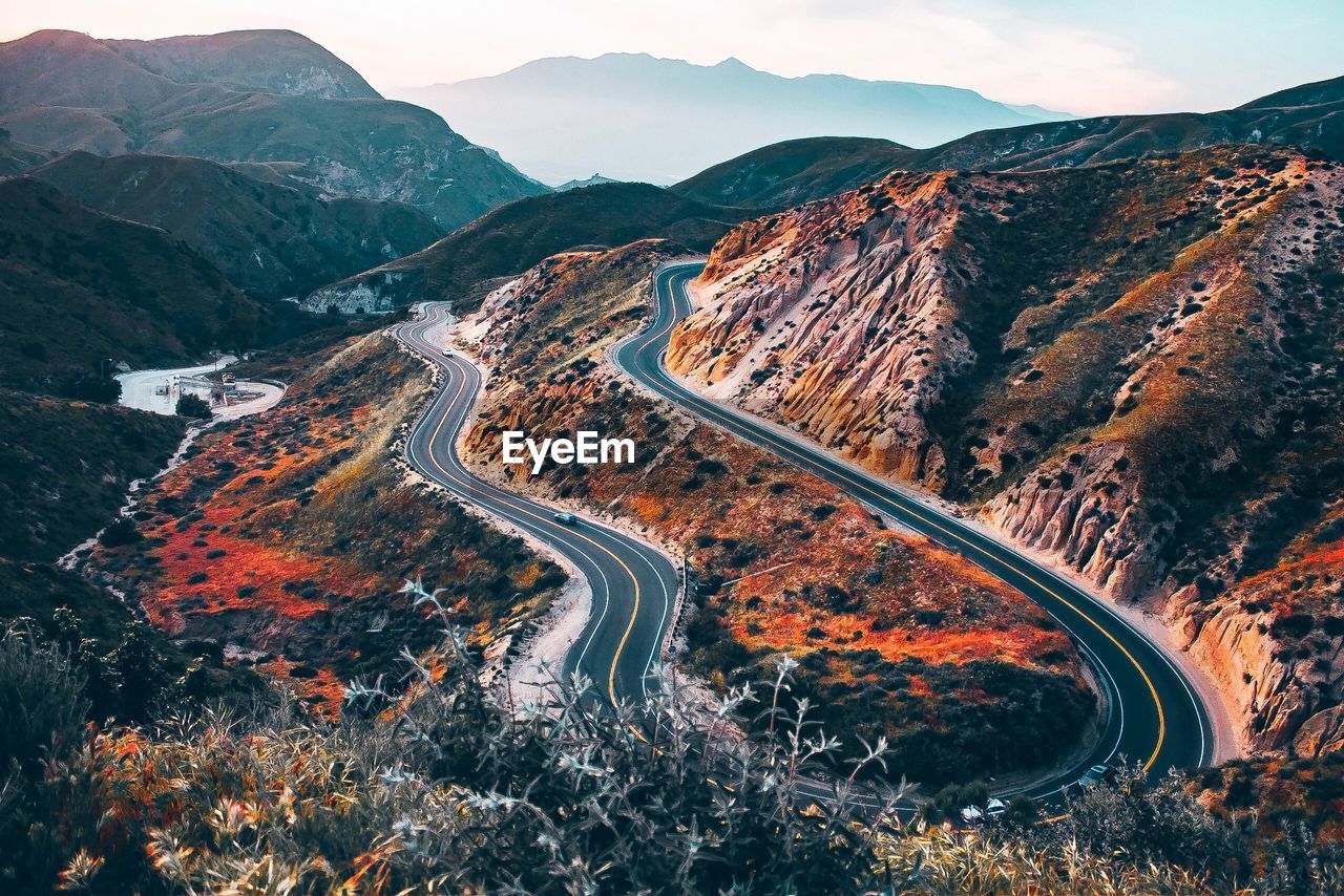 High angle view of mountain road against sky