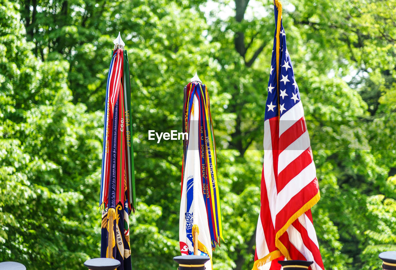 View of flags by trees