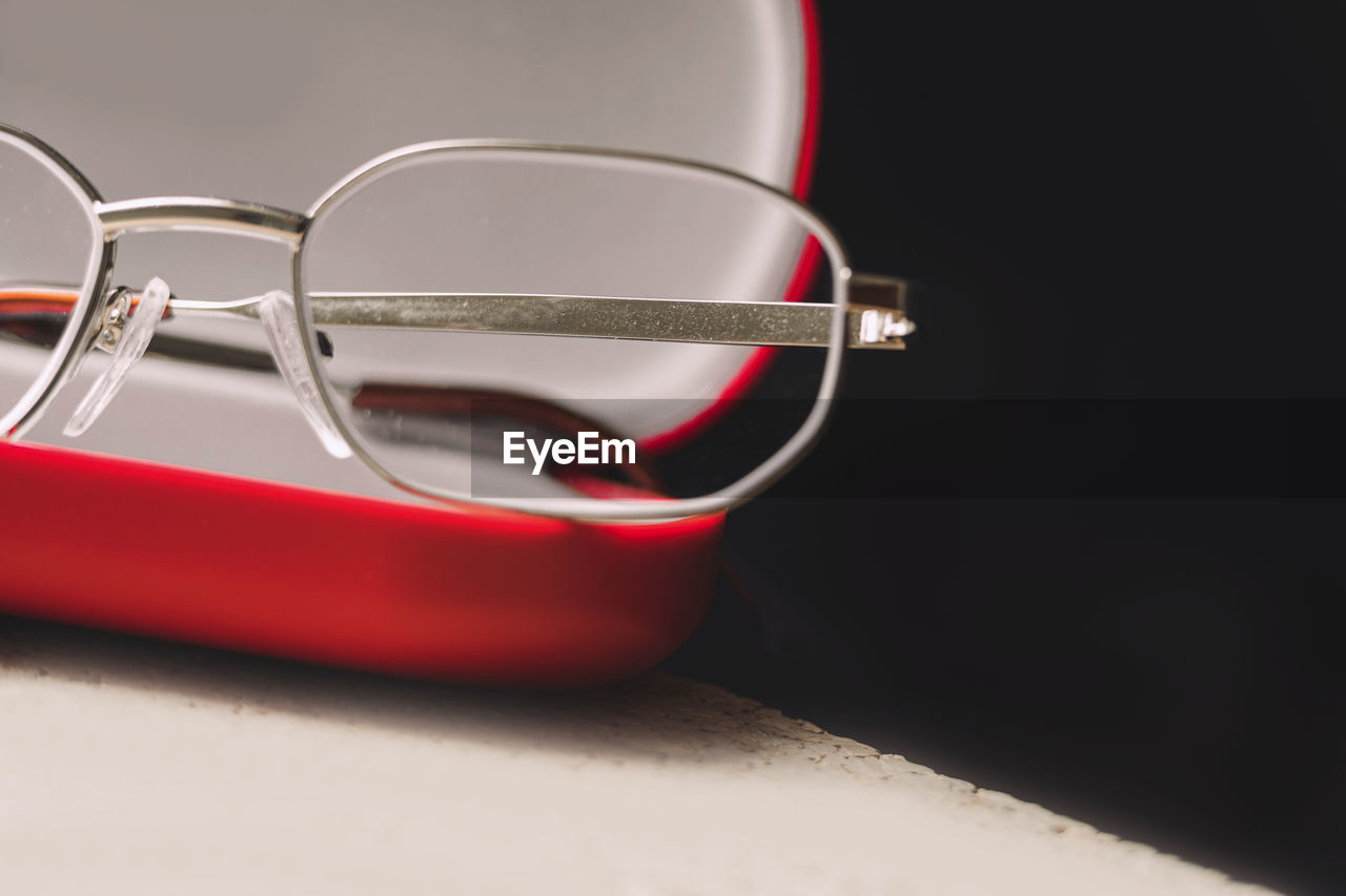 Close-up of eyeglasses on table