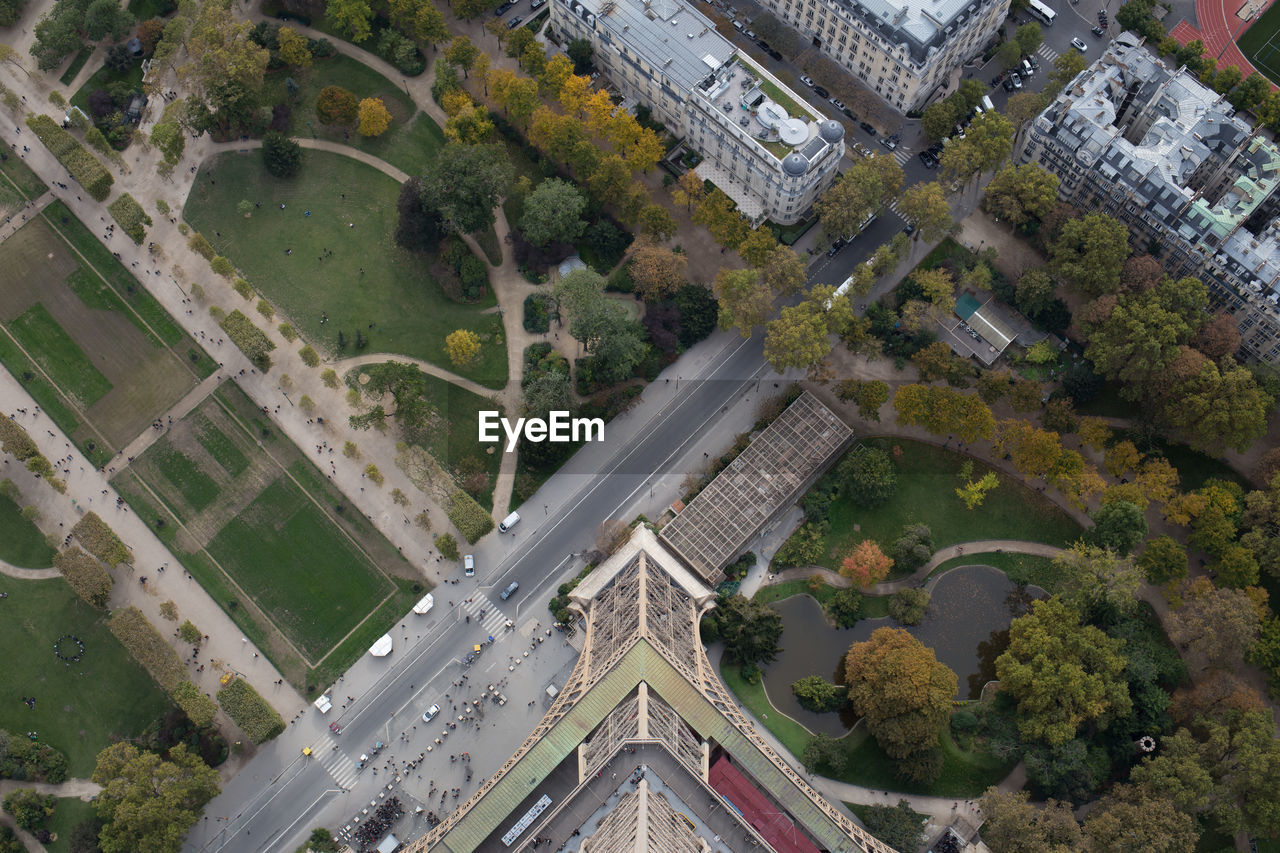 High angle view of eiffel tower and champ de mars in city