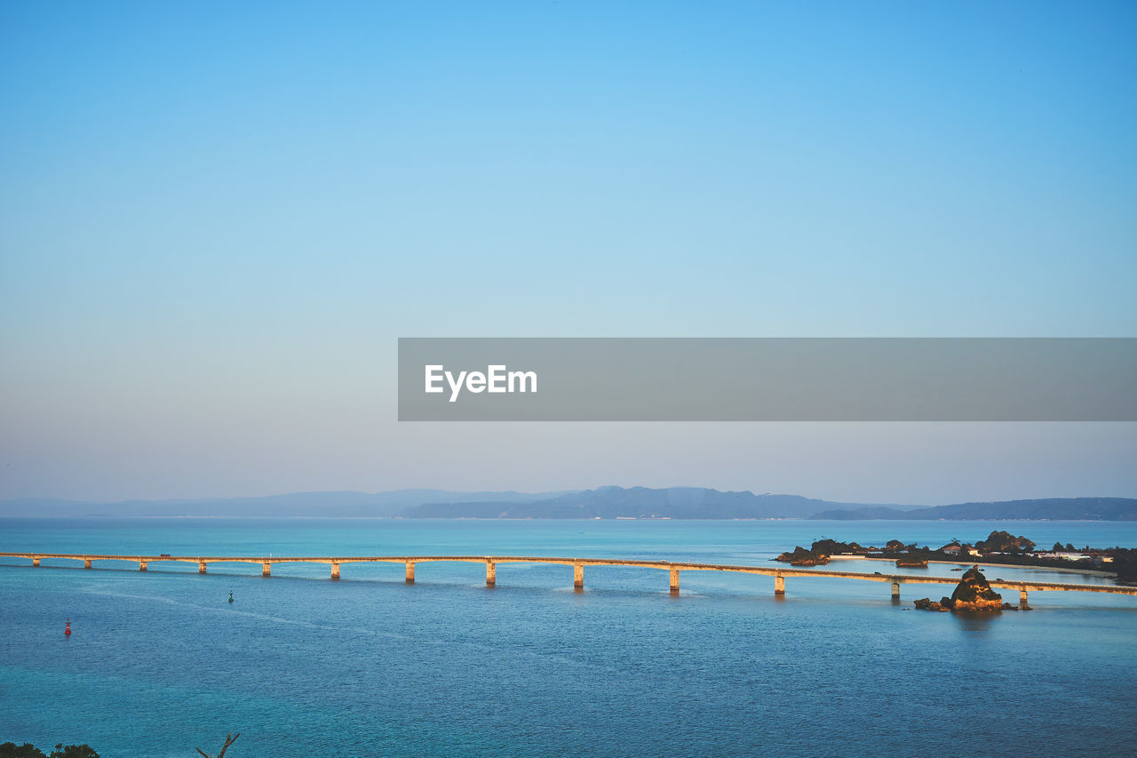 Scenic view of sea against clear blue sky
