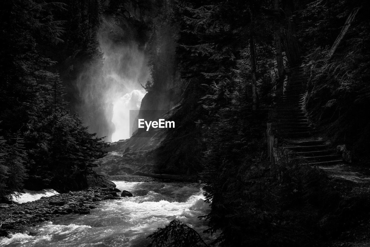 Black and white scenic waterfall. this is from bear creek close to revelstoke, british columbia.