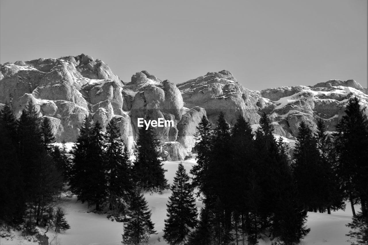 Scenic view of snowcapped mountains against clear sky