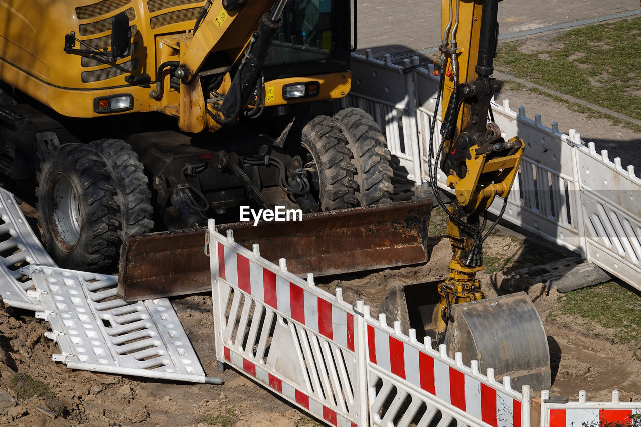 High angle view of construction machinery on site