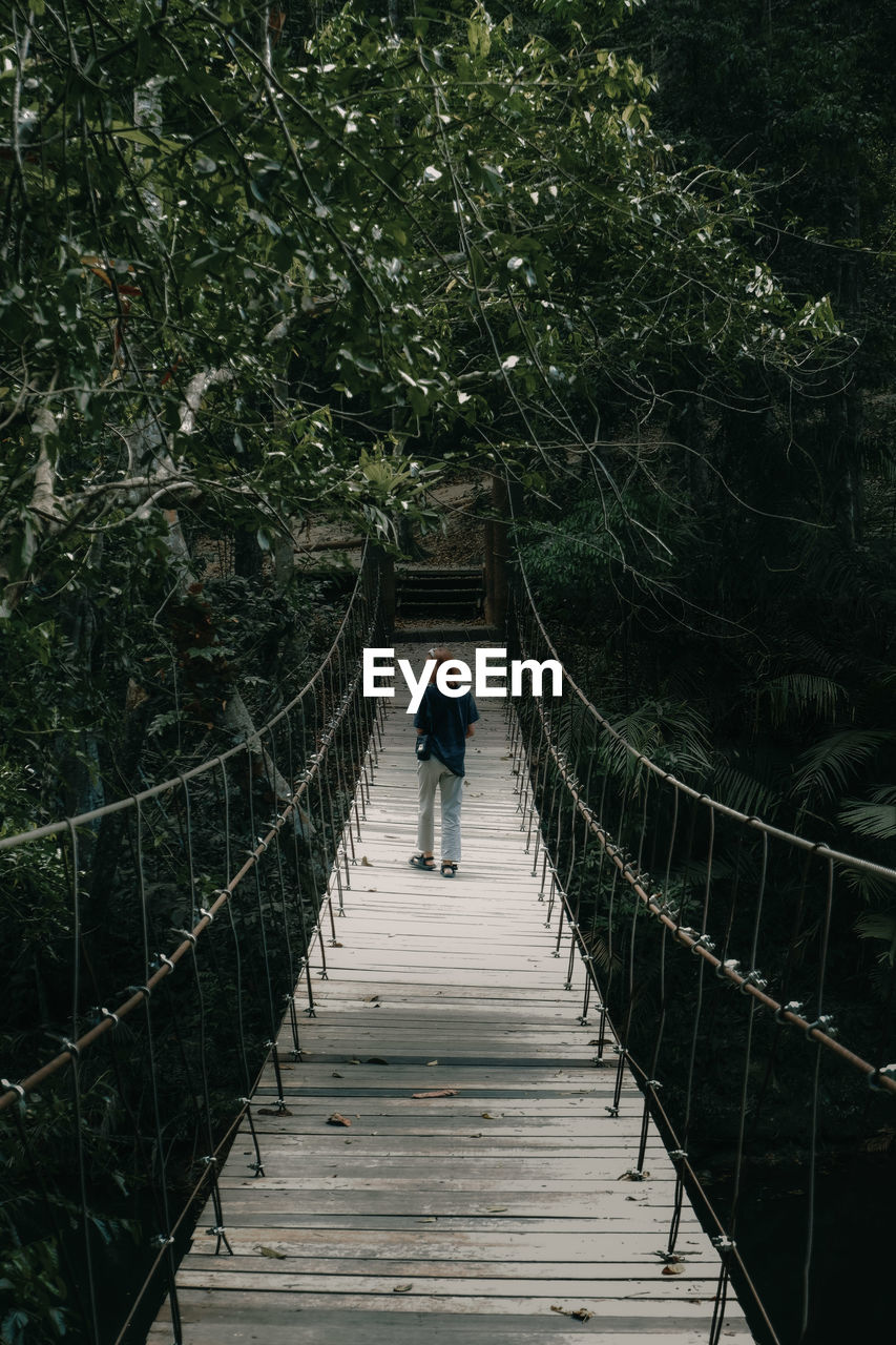 Rear view of woman walking on footbridge in forest