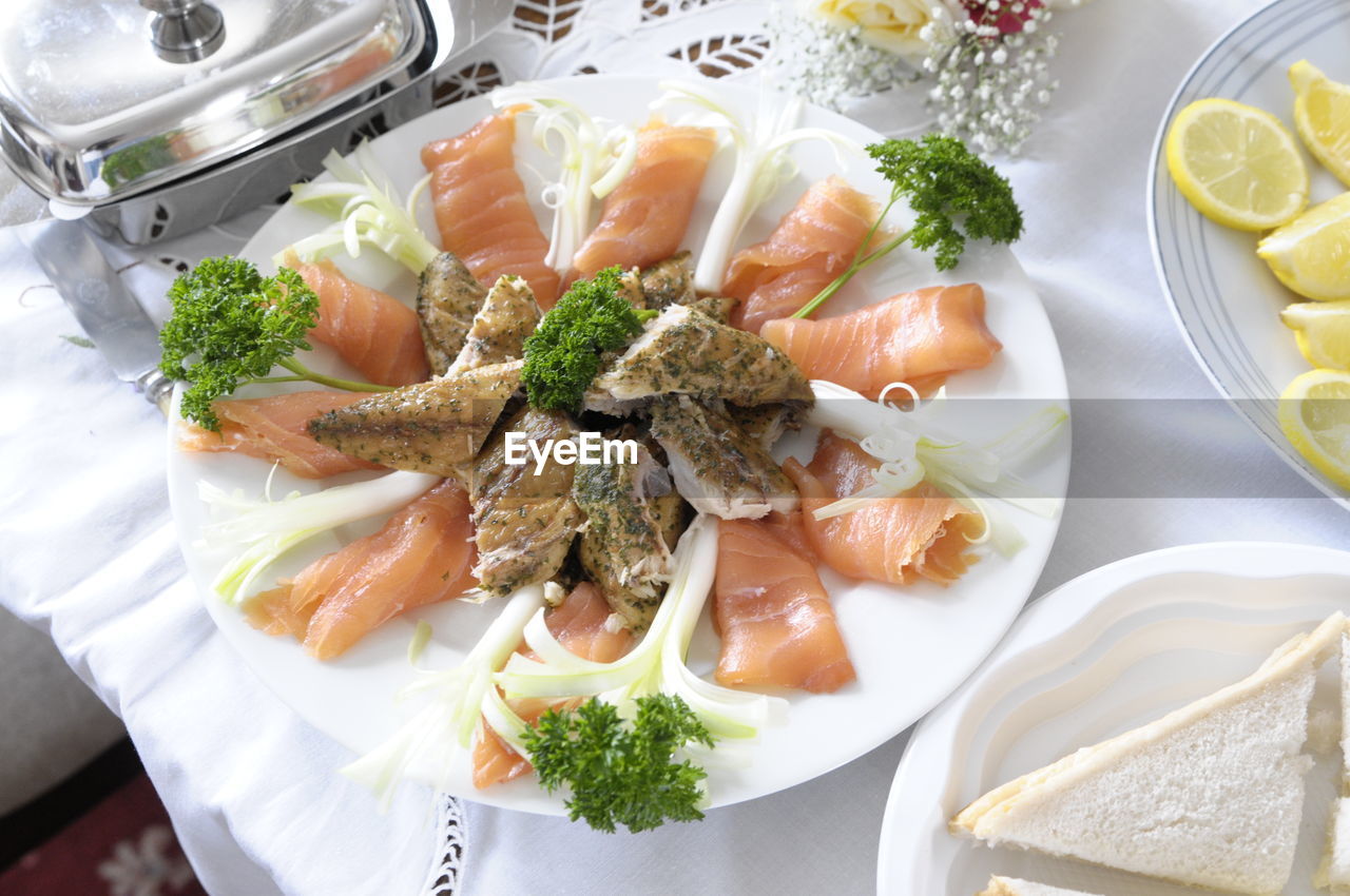 High angle view of seafood in plate on table