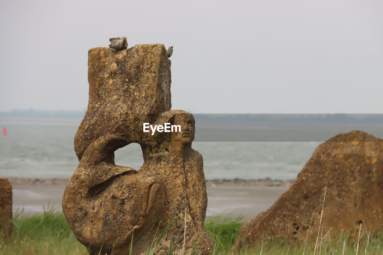 rock, sculpture, nature, land, water, no people, sky, sea, beach, ancient history, sand, grass, day, monument, plant, outdoors, history, travel destinations, tranquility, animal, terrain, the past, statue, scenics - nature, focus on foreground, animal themes, environment, craft, landscape