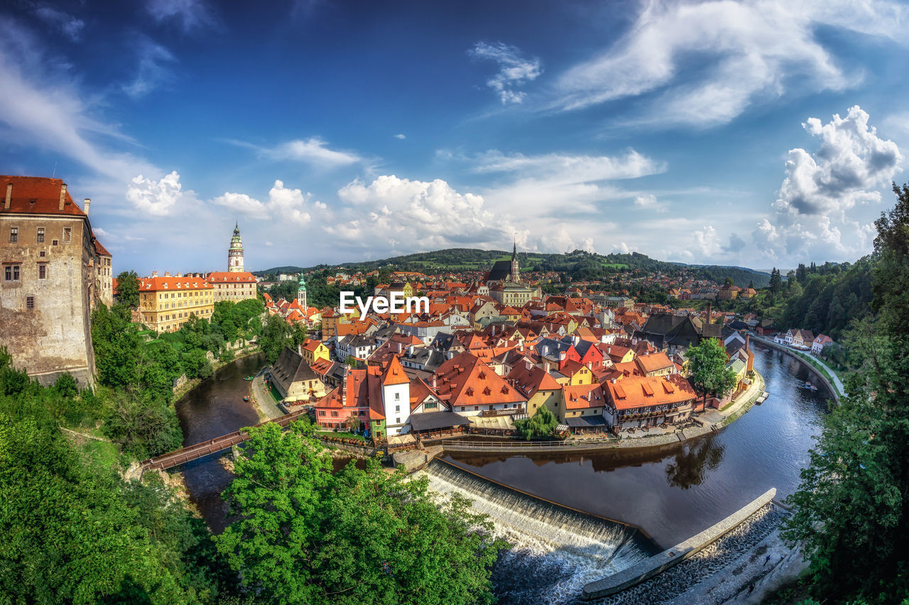 Small town of cesky krumlov viewed from the castle viewpoint.  czech republic