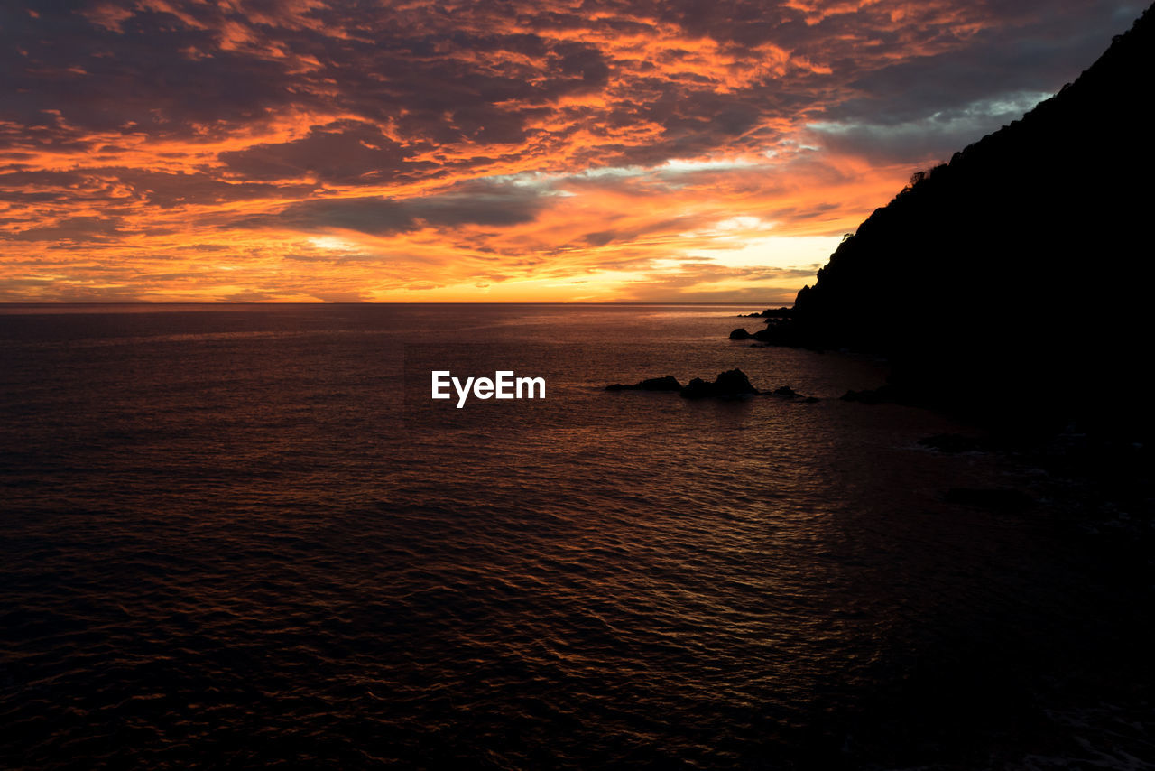 SILHOUETTE ROCKS IN SEA AGAINST SKY DURING SUNSET