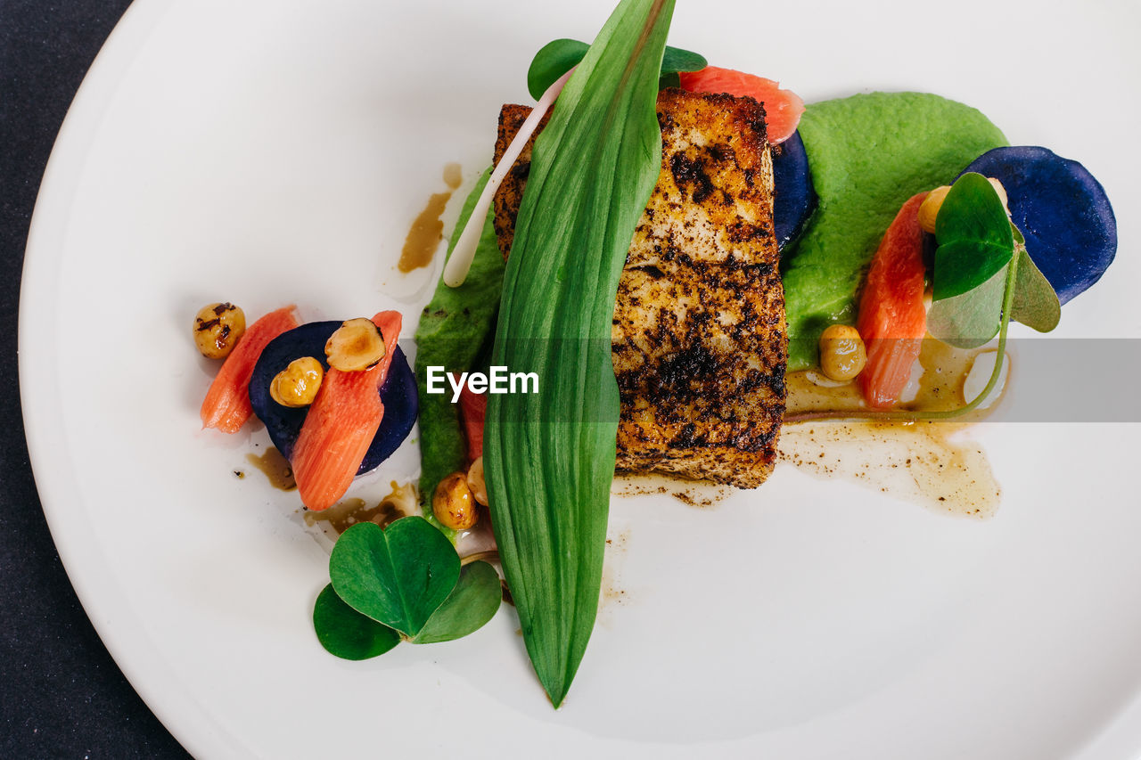 High angle view of food in plate on table