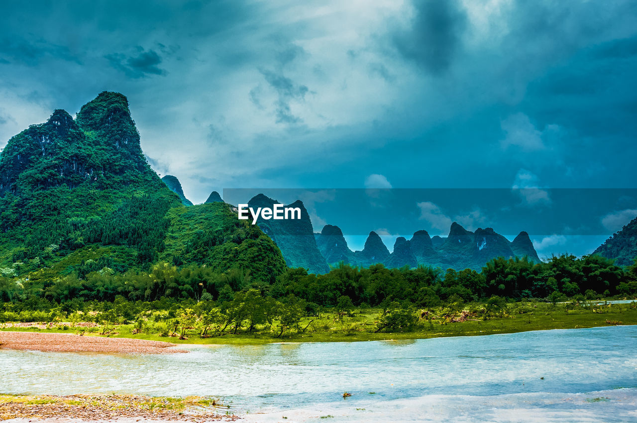 Scenic view of lake against cloudy sky