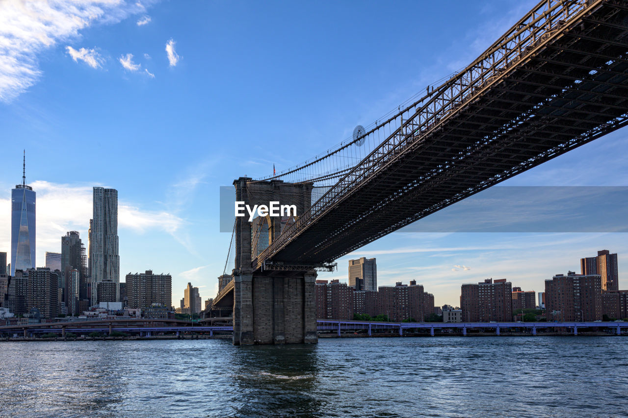 Bridge over river by buildings against sky in city