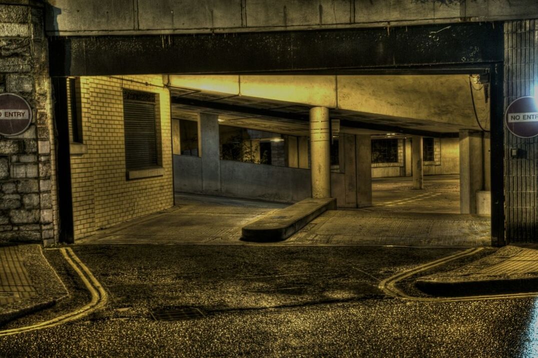 Entrance of car park at night