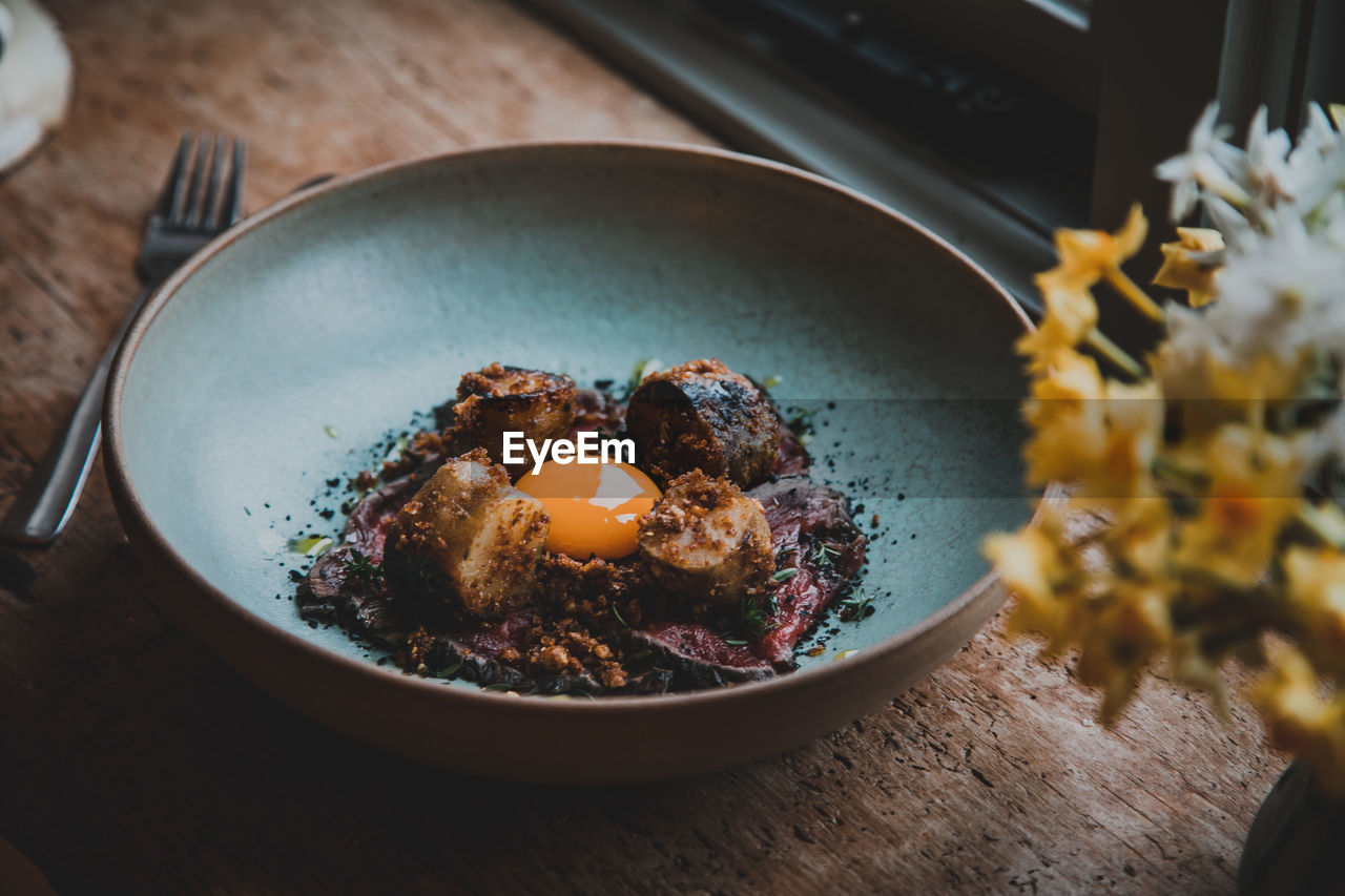 High angle view of food in bowl on table