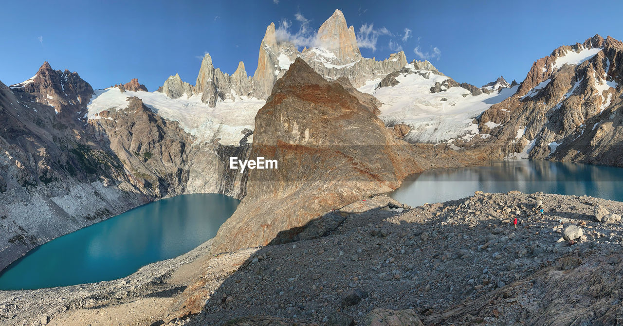Panoramic view of two lakes and snowcapped fitzroy mountains against sky in patagonia 