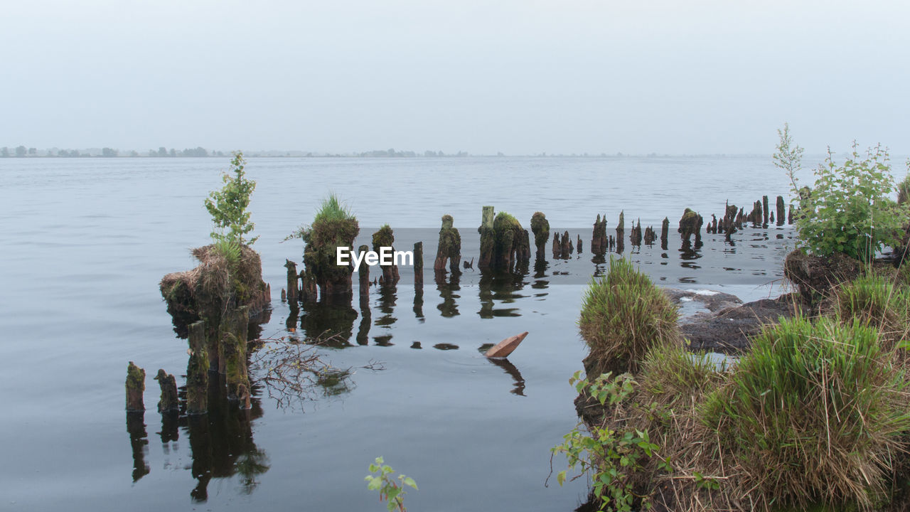 Wooden posts in lake against sky