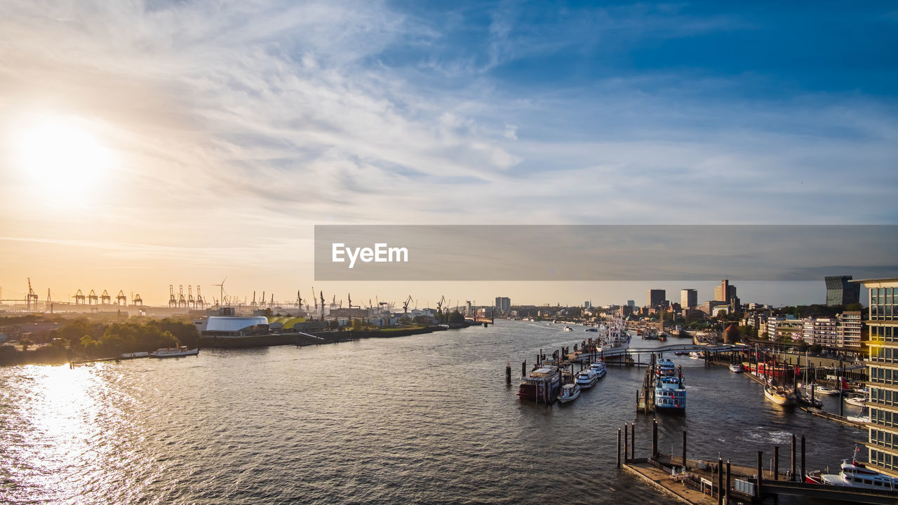 Scenic view of hamburg and the river elbe against sky