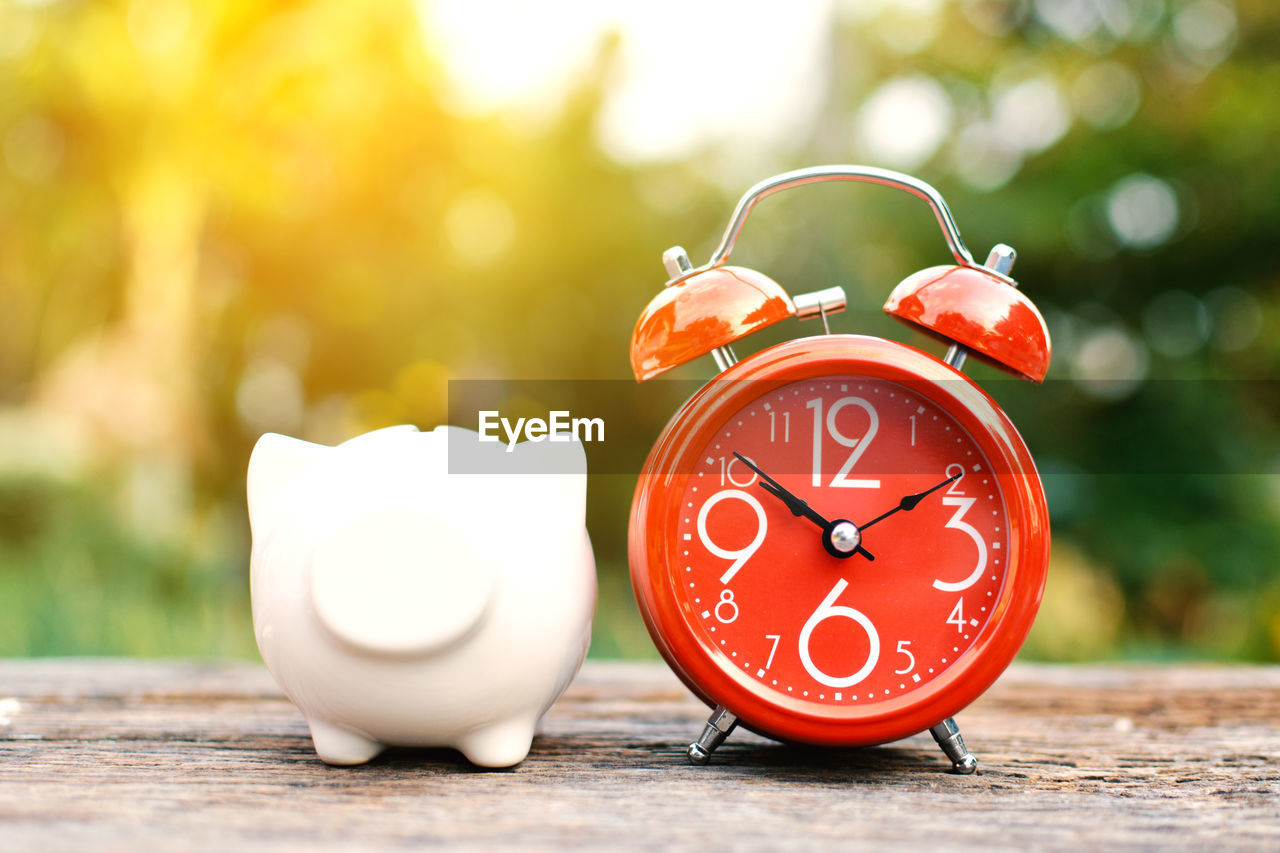 Close-up of clock and piggy bank