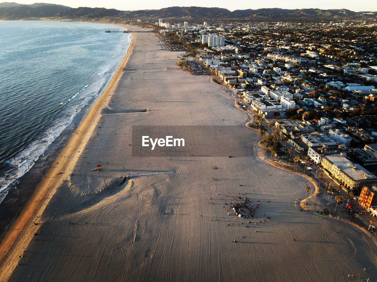 Aerial view of venice beach and santa monica beach at sunset. 