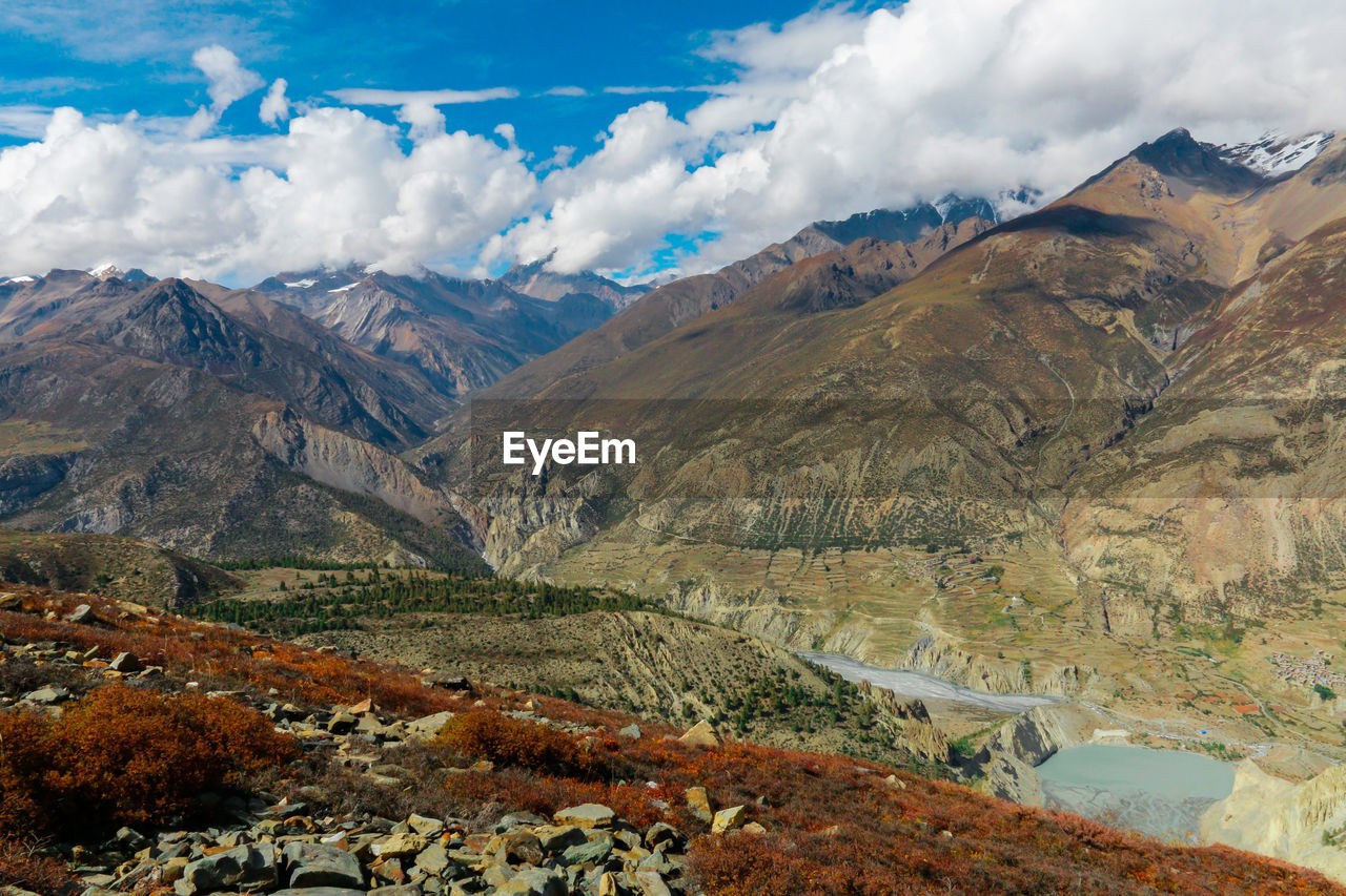 Scenic view of mountains against cloudy sky