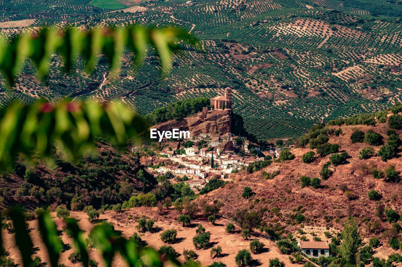 High angle view of trees and buildings and a church throning on a steep cliff