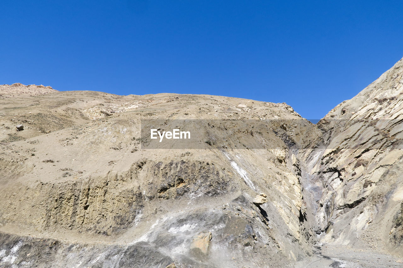 Scenic view of rocky mountains against clear blue sky