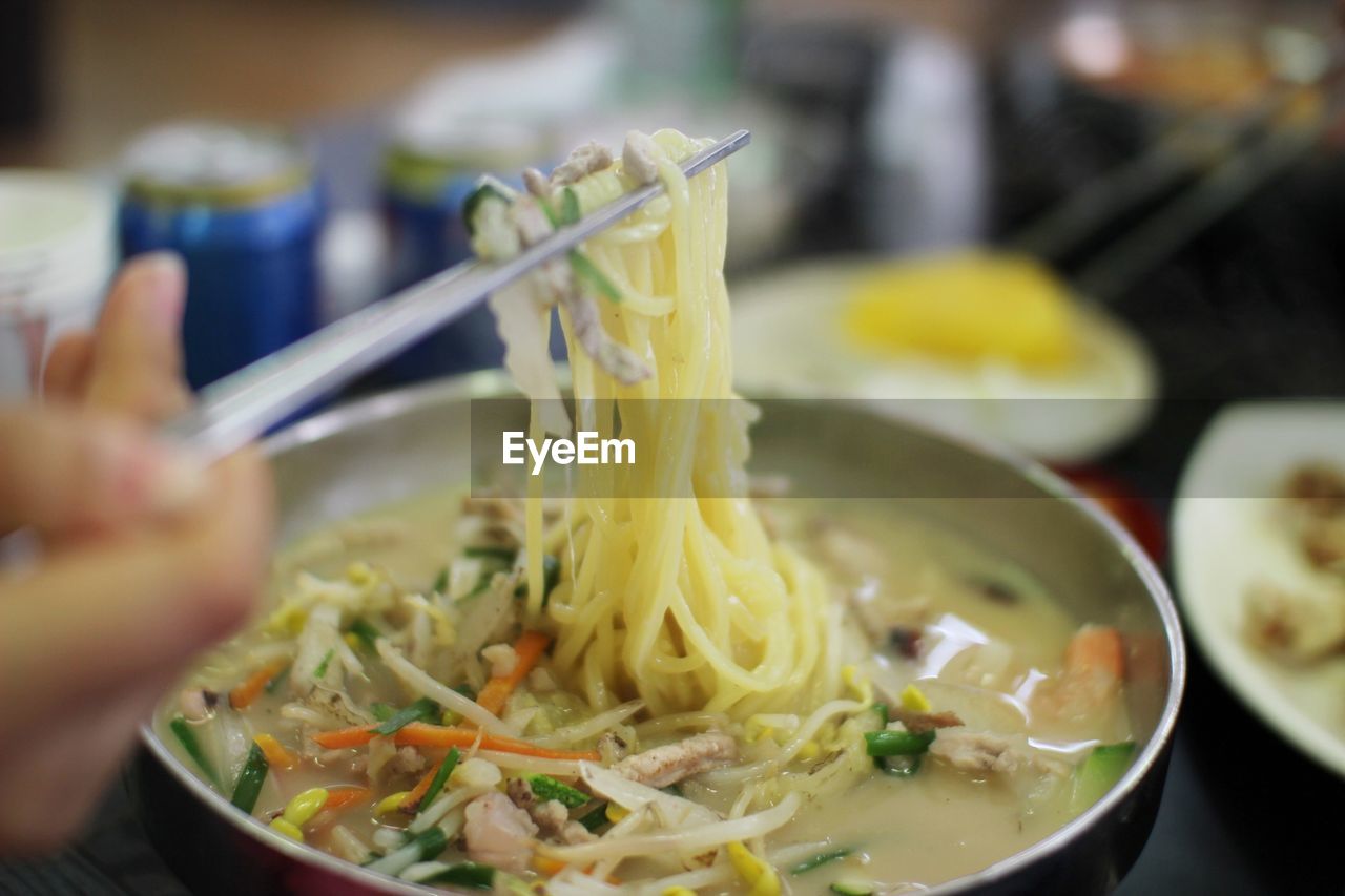 Close-up of noodles soup in bowl