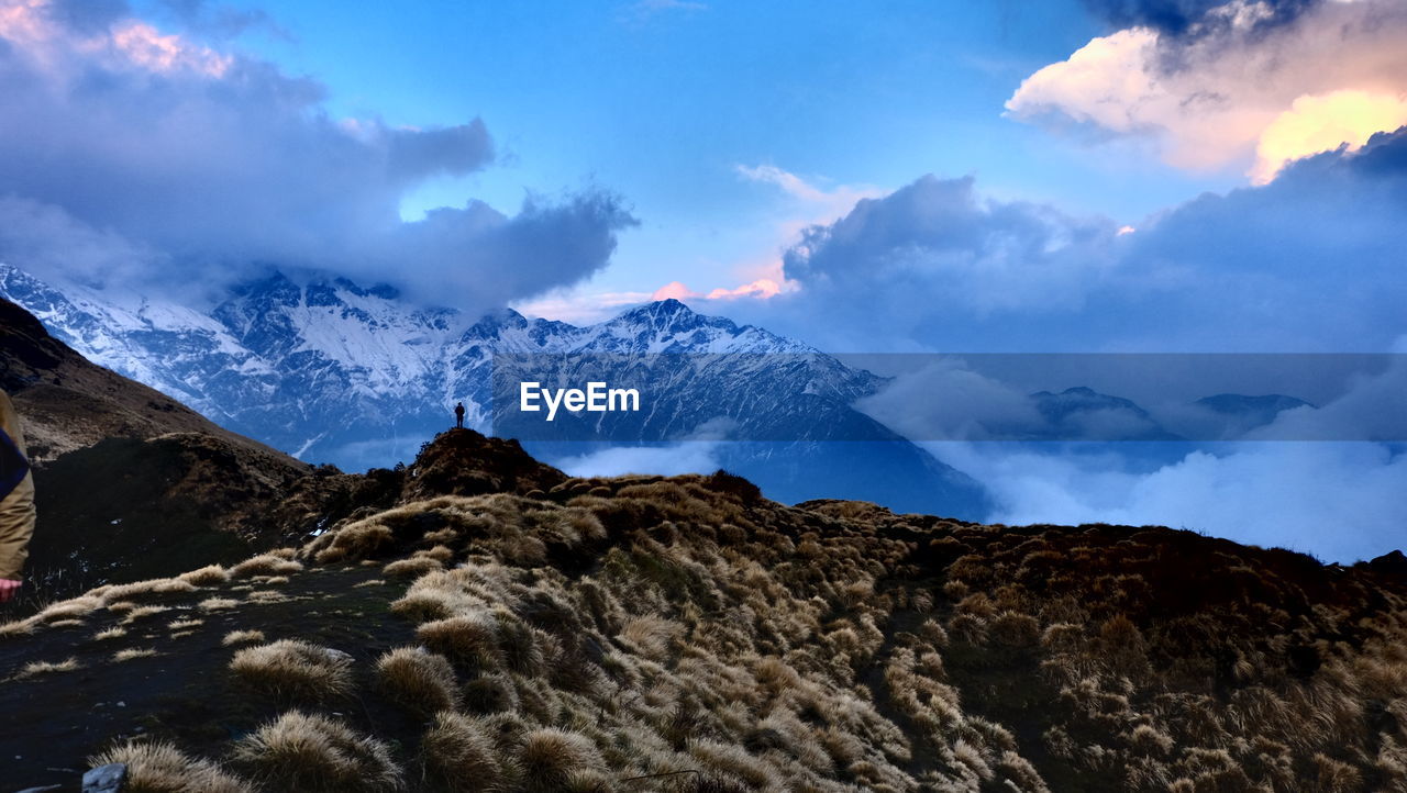 Scenic view of snow covered mountains against sky