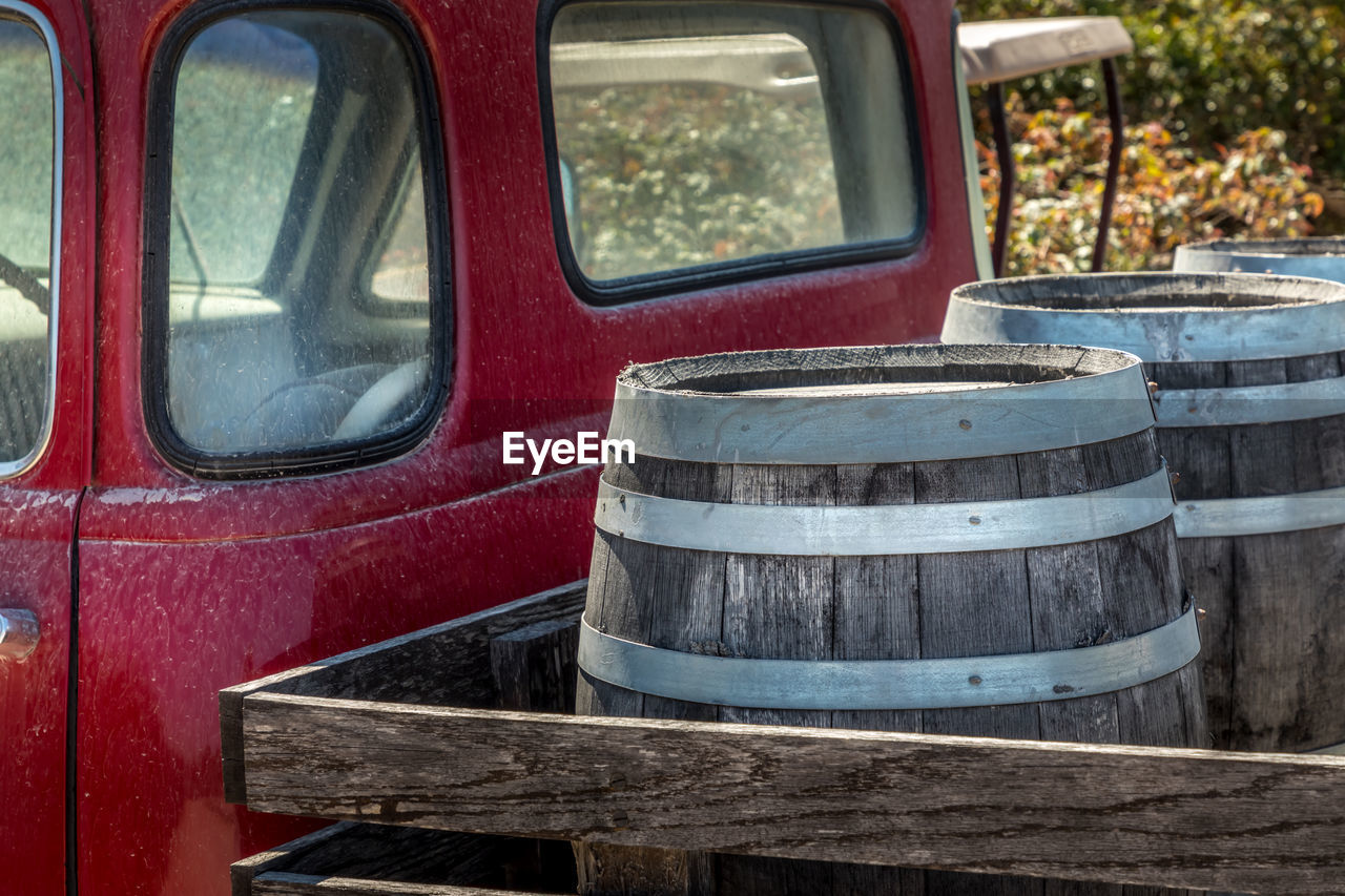 Old wine barrel on a truck