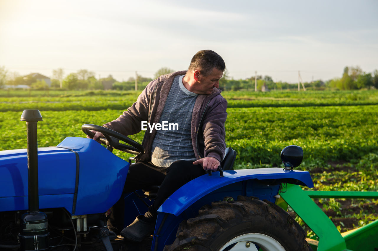 A farmer drives a tractor while harvesting potatoes. first potato harvest in early spring. agro