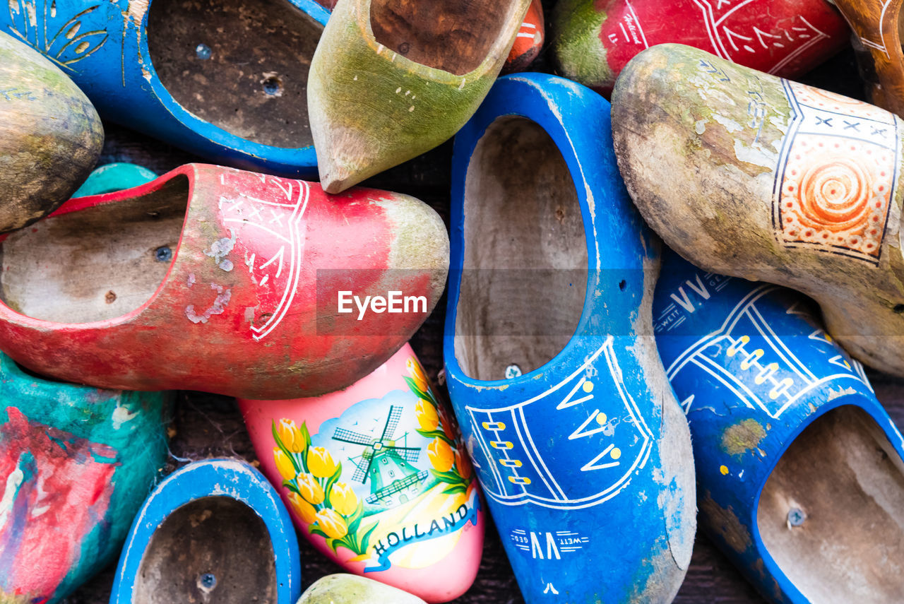 HIGH ANGLE VIEW OF SHOES FOR SALE AT MARKET