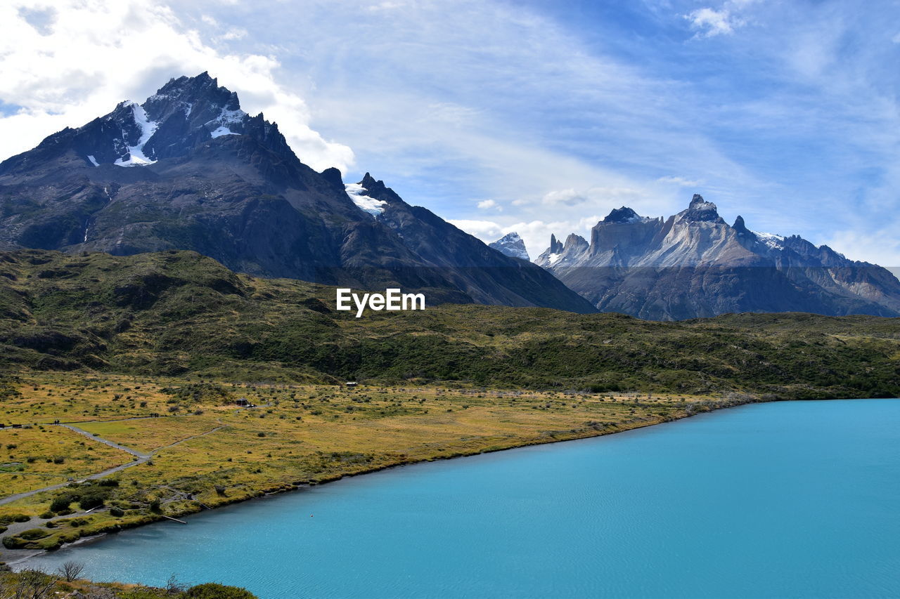 Scenic view of mountains and lake against sky