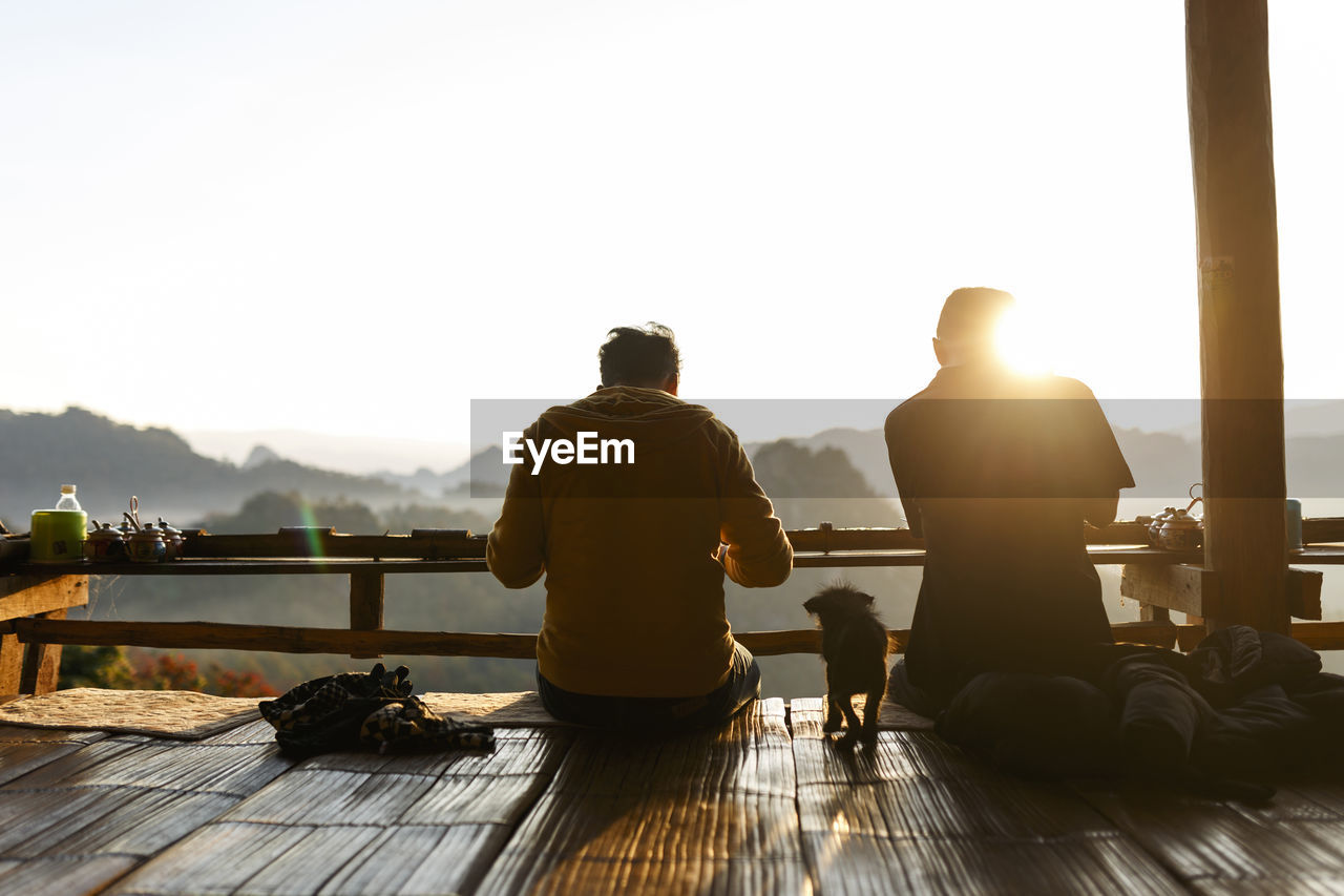 Rear view of male friends sitting with puppy at balcony against clear sky