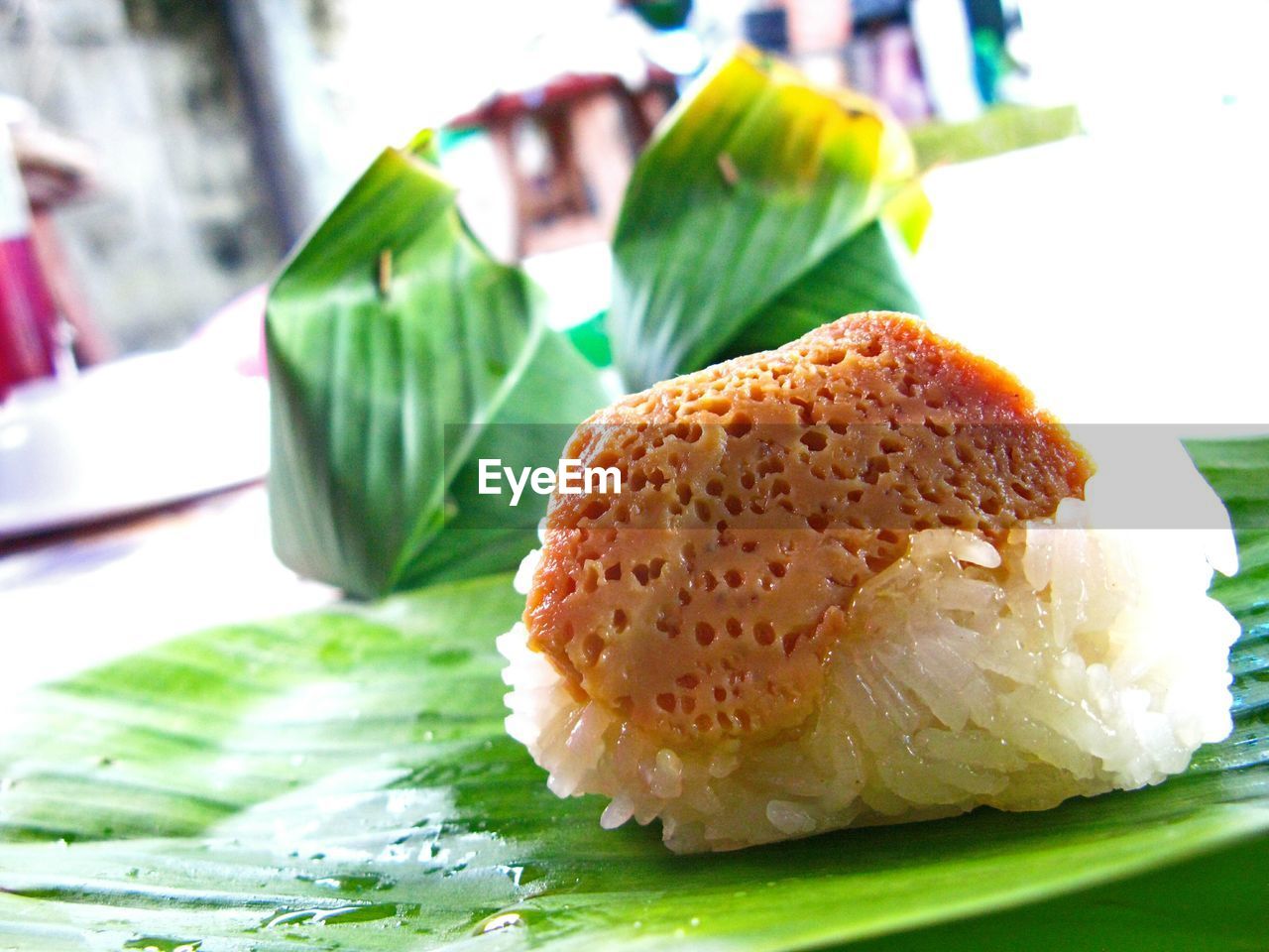 Close-up of custard rice on leaf