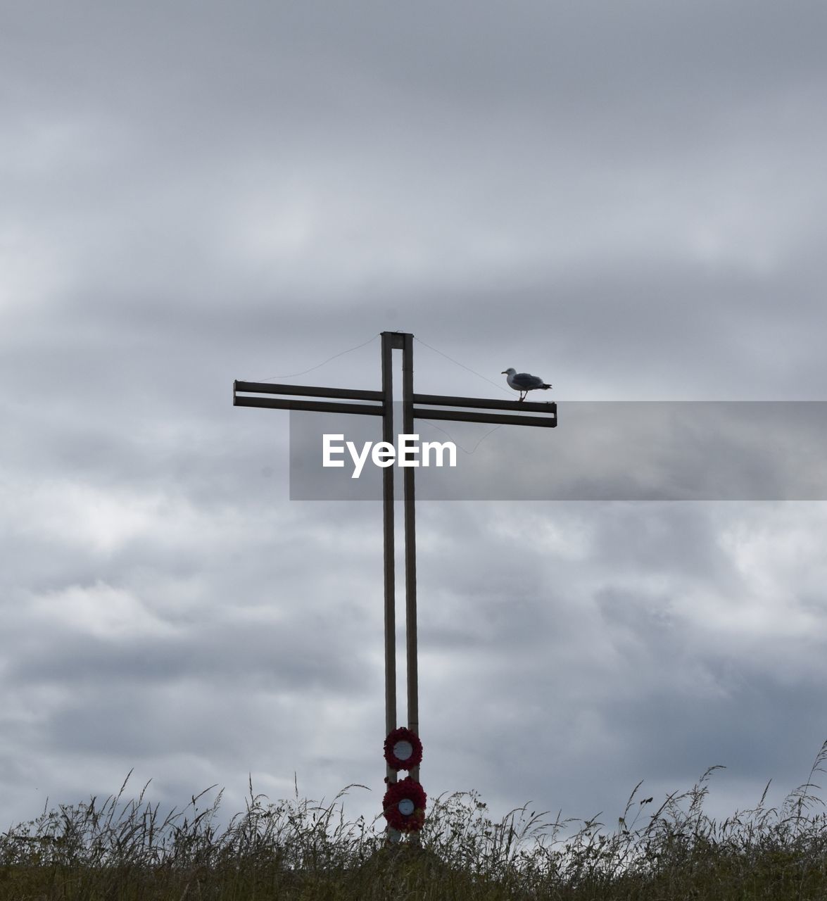 sky, cloud, cross, religion, belief, nature, spirituality, overcast, no people, symbol, cross shape, crucifix, grass, day, outdoors, wind, storm, cloudscape, landscape, catholicism, dramatic sky, environment, low angle view, tranquility, sign