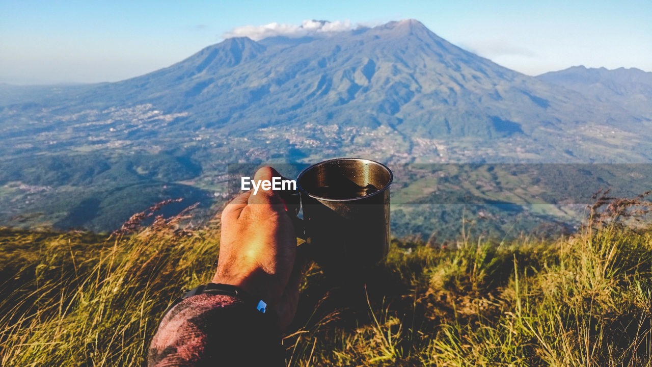 Cropped hand of man holding coffee in mug against mountains