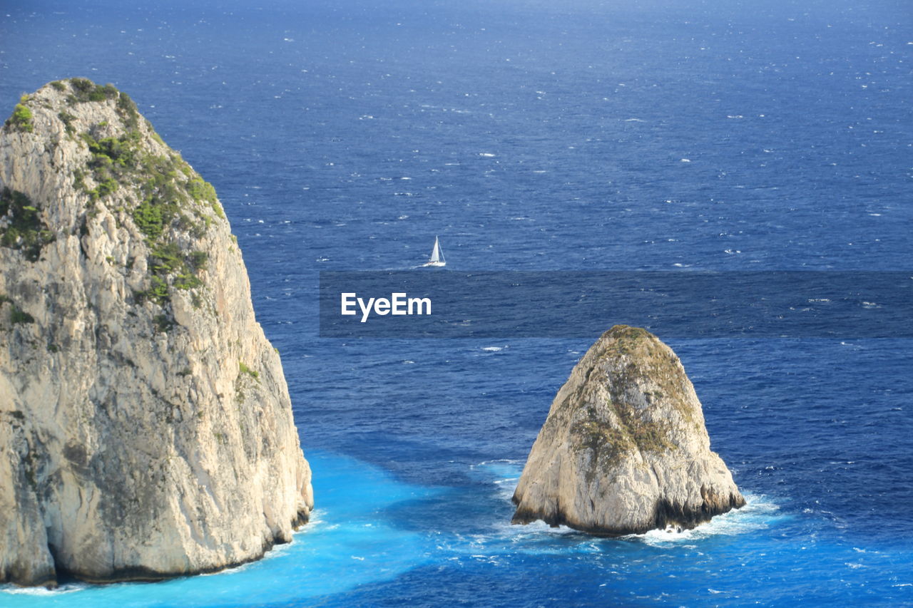 High angle view of rock formations in sea