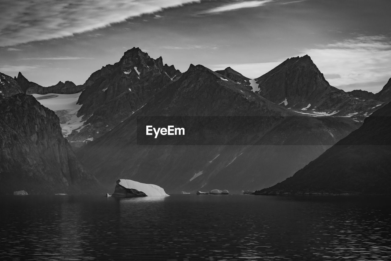 Scenic view of lake and mountains against sky