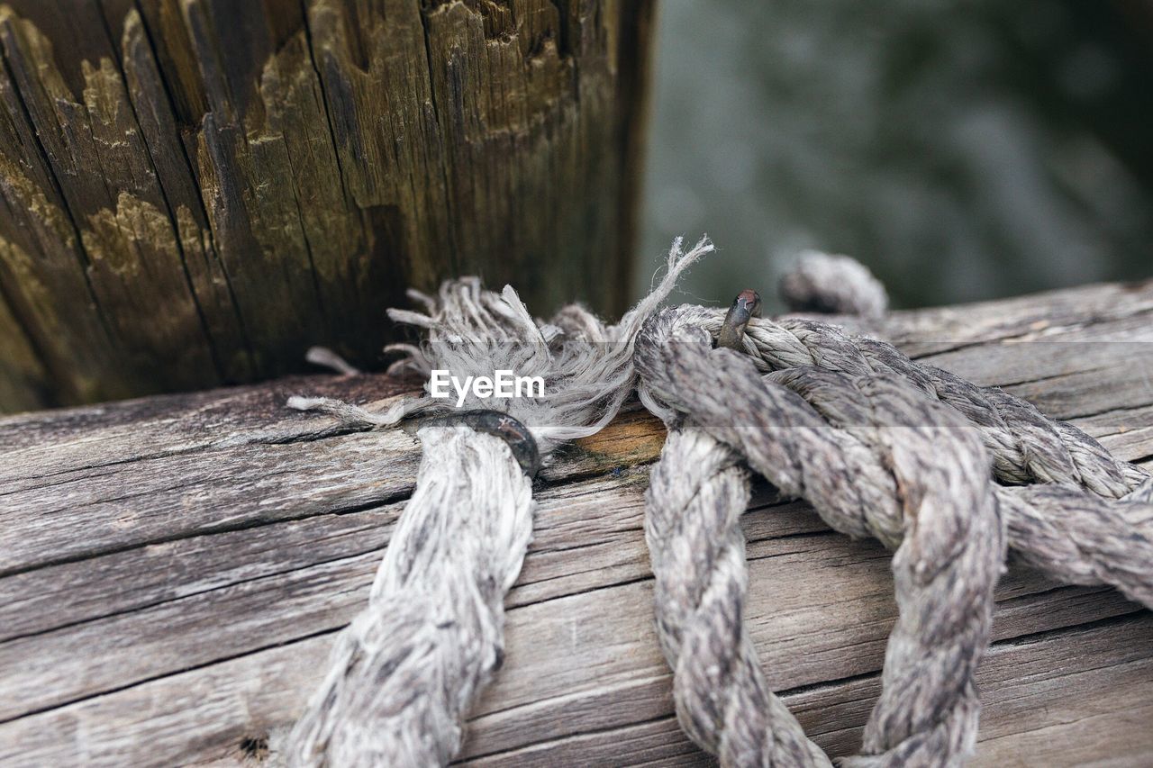 CLOSE-UP OF ROPE TIED UP ON WOOD