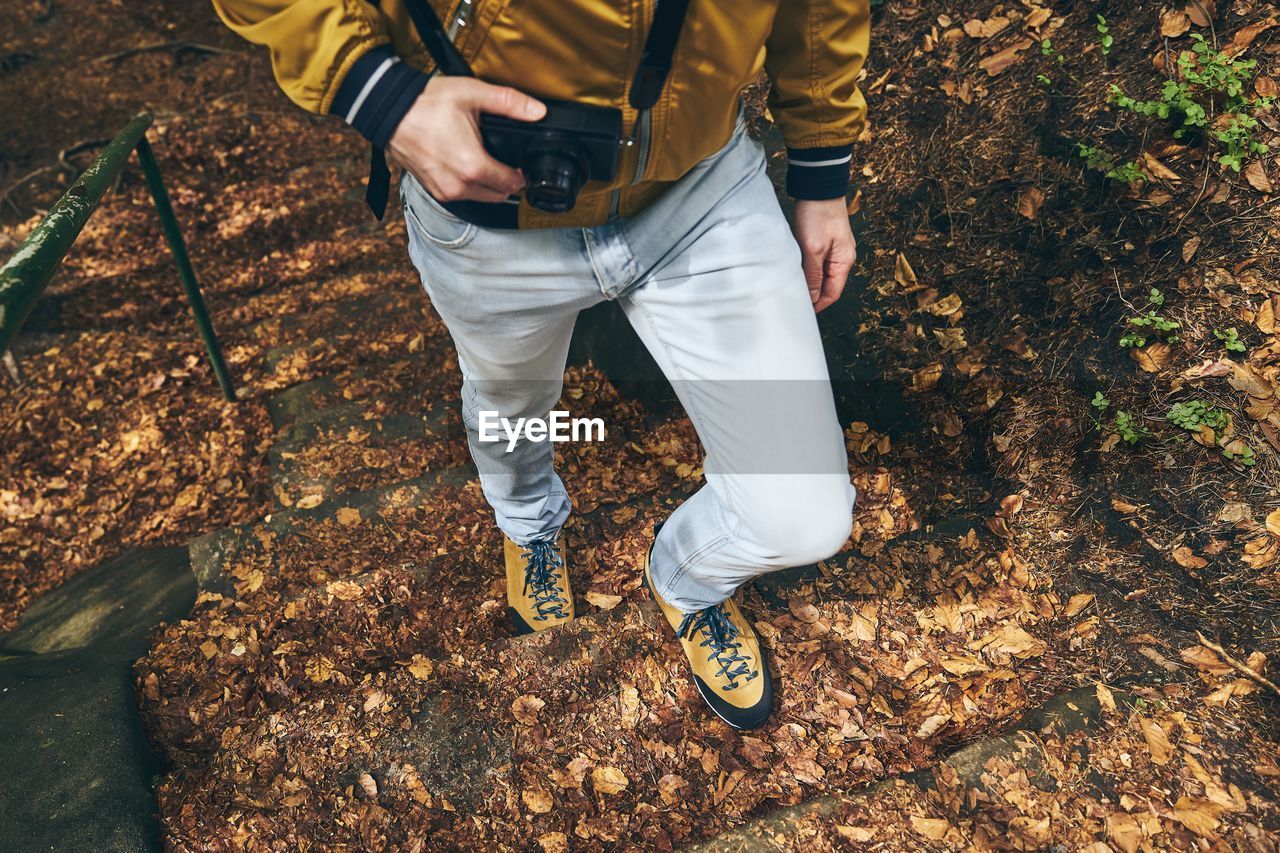 Low section of man climbing on steps in forest