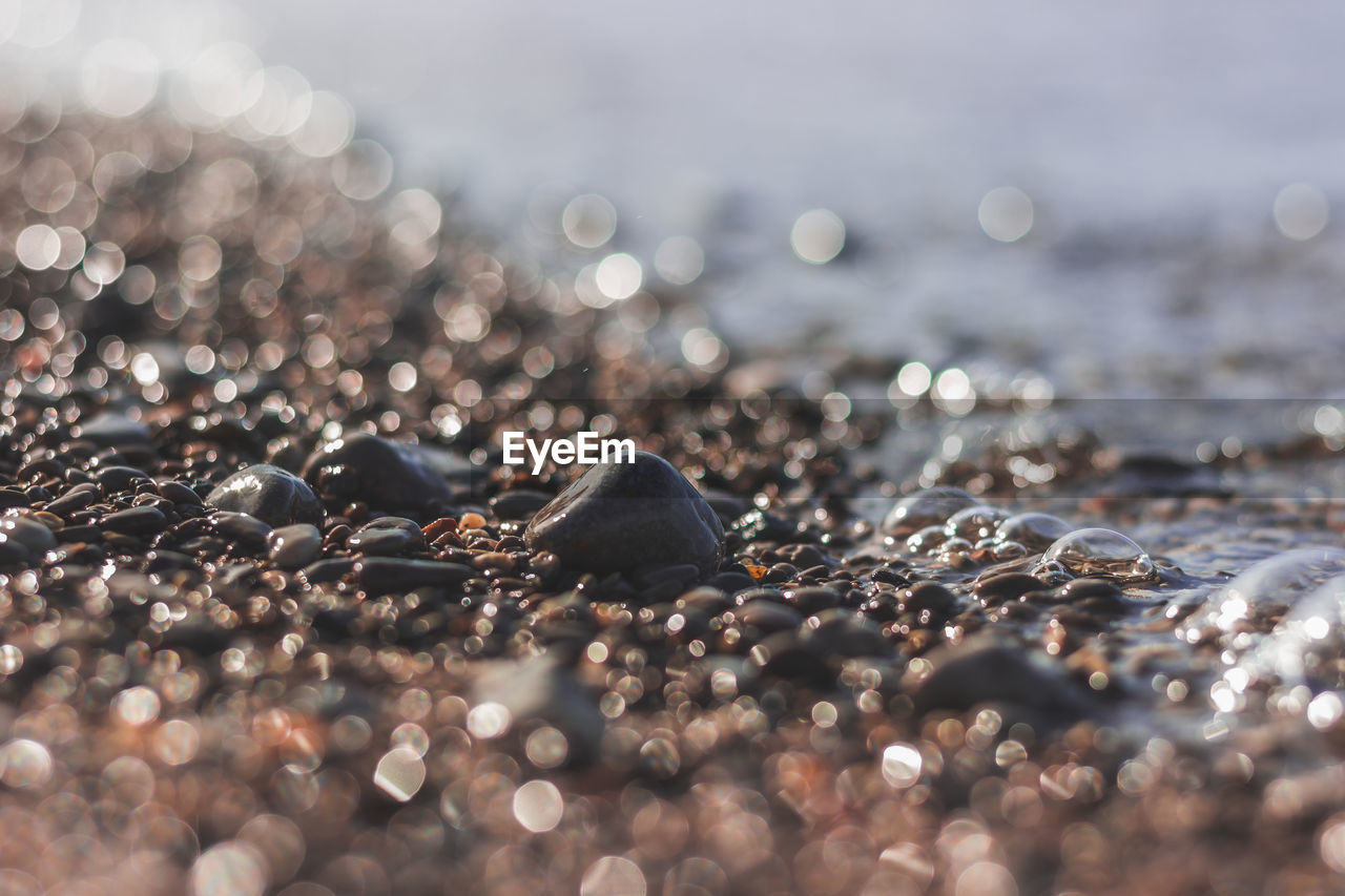 CLOSE-UP OF PEBBLES ON SHORE