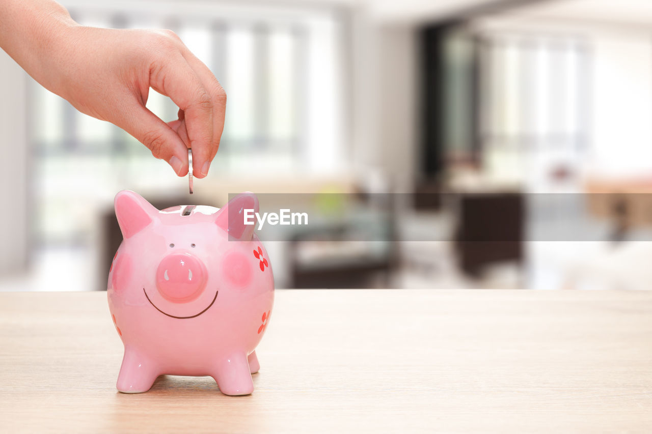 Close-up of human hand inserting coin in piggy bank on table