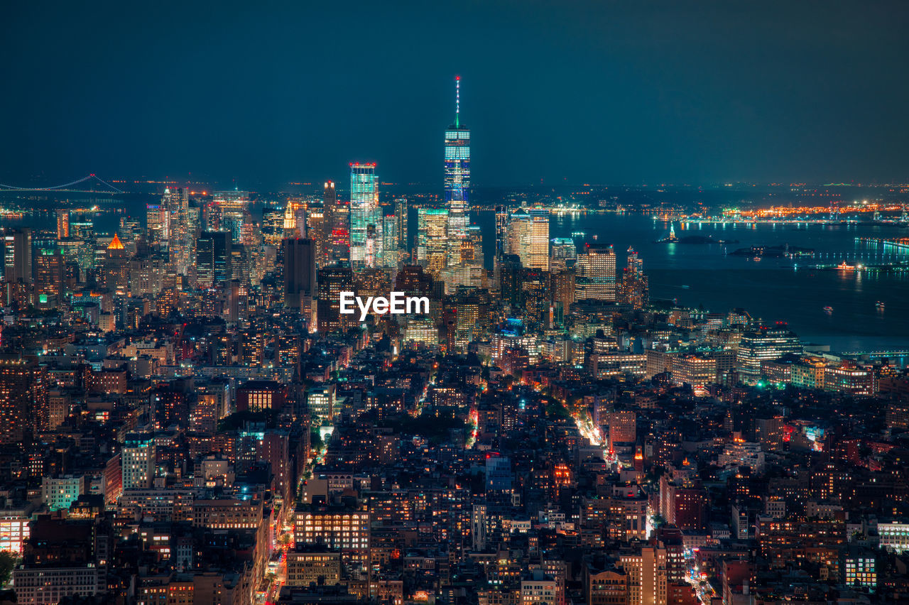 High angle view of new york city lit up at night