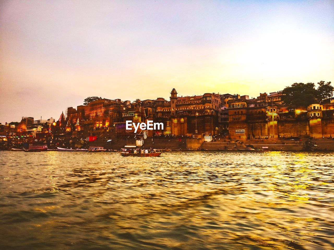 View of the ganges river and varanasi at sunset. india