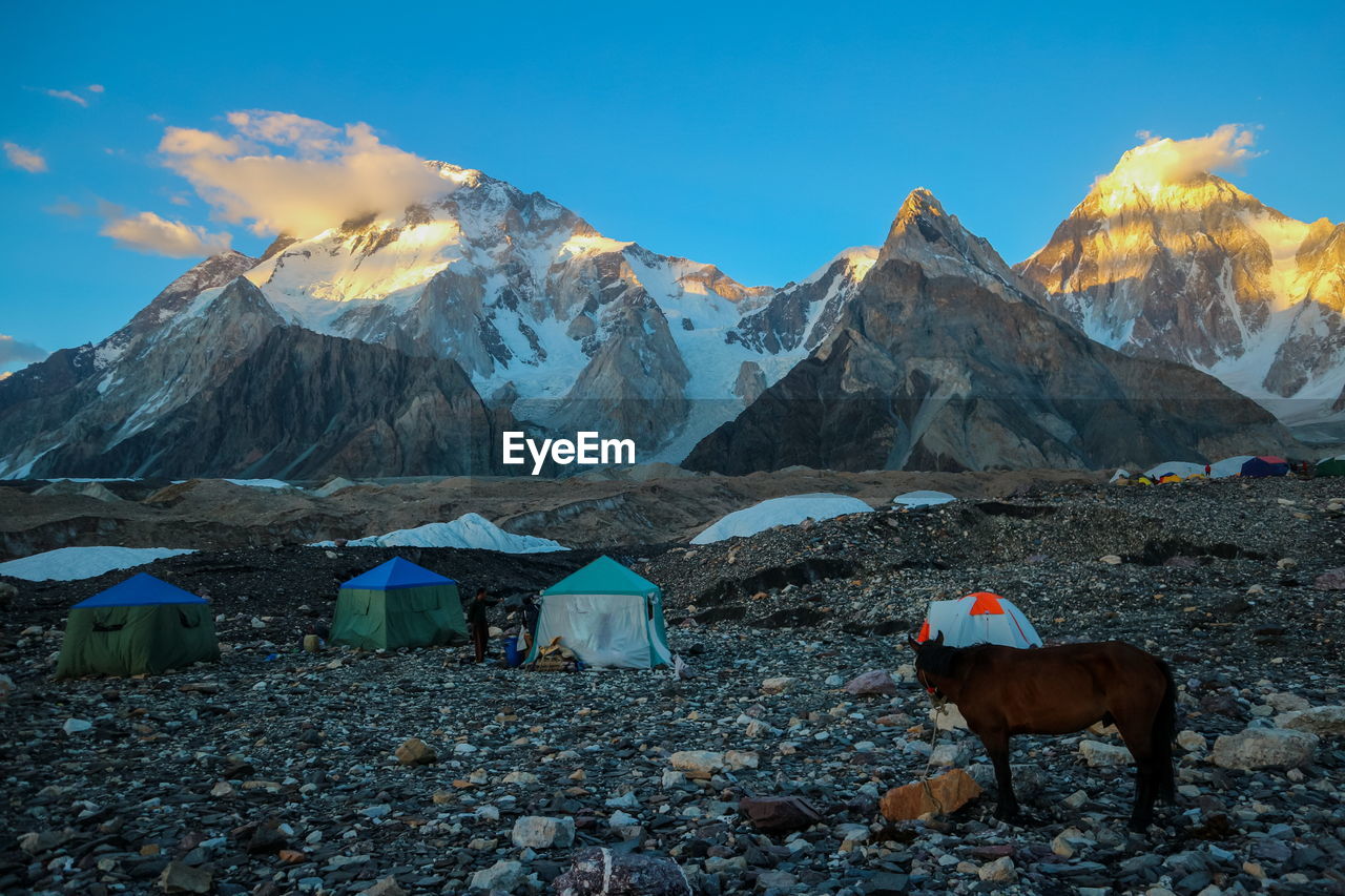 Camping tents at concordia camp, broadpeak mountain, k2 base camp, pakistan